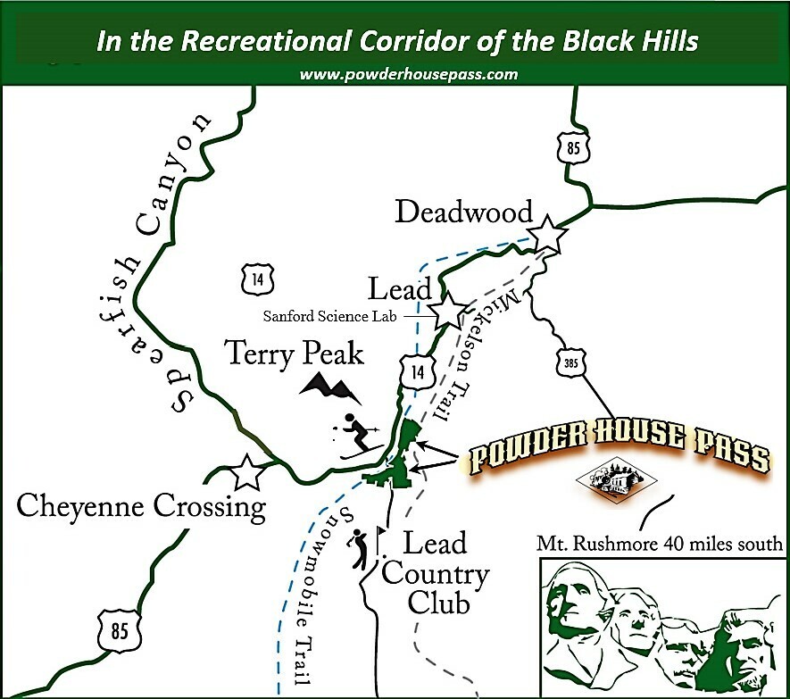 In the Recreational Corridor of the Black Hills - a map showing Powder House Pass and the surrounding landmarks such as Mt. Rushmore, Lead Country Club, and Deadwood
